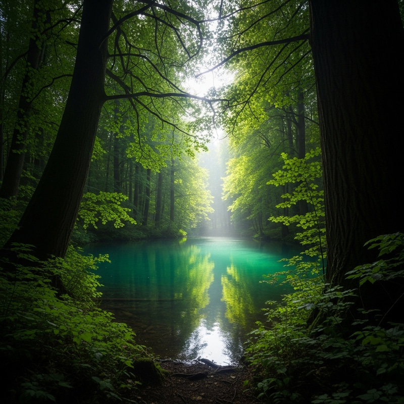 Enchanting Mystical Forest with Glowing Lake Enchanting Mystical Forest with Glowing Lake