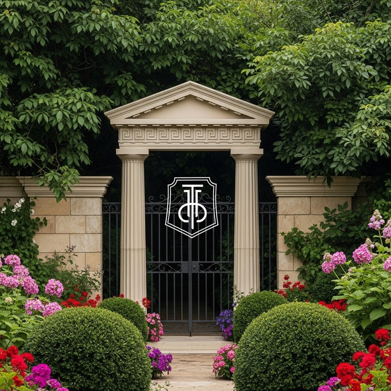 Greek Garden Gate with Decorative Logo Greek Garden Gate with Decorative Logo