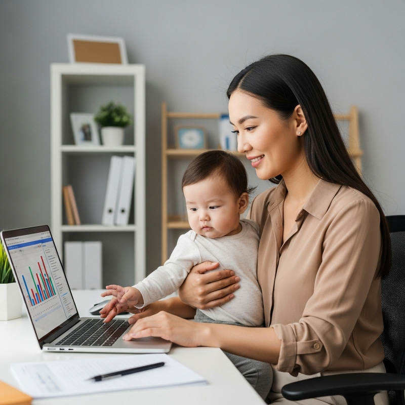 Kazakh Woman Balancing Maternity Leave and Work from Home Kazakh Woman Balancing Maternity Leave and Work from Home