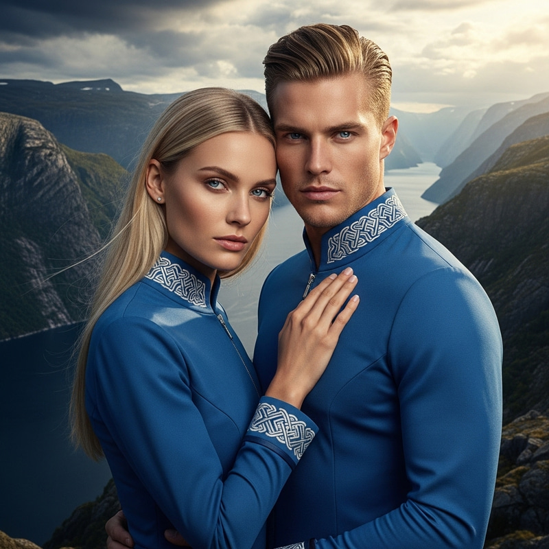 Nordic Couple with Blonde Hair and Blue Eyes in Form-Fitting Blue Outfits - A Captivating Image