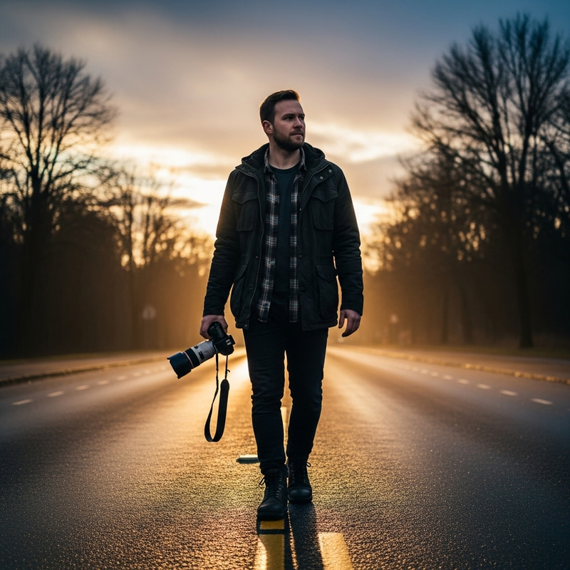 Photographer Walking Through Street with Camera, Trees Silhouette Photographer Walking Through Street with Camera, Trees Silhouette