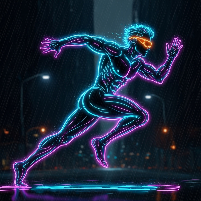 Neon Silhouette of Fast Running Man in Orange Sunglasses