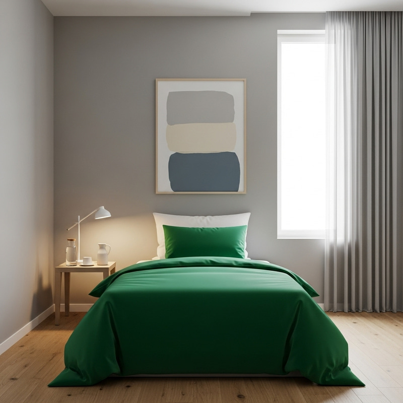 Cozy Minimalistic Hotel Room with Green Bedding