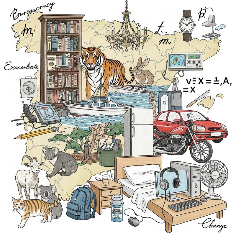 Diverse Collage: Miscellaneous, Library, Tiger, Boat & More