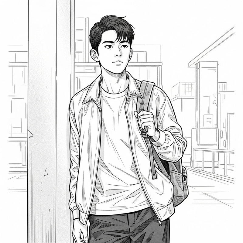 Realistic Black and White Line Art of Male Student