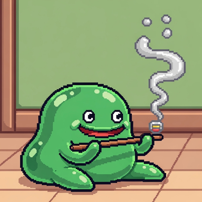 Charming Green Slime: Retro Pixel Art Relaxation Charming Green Slime: Retro Pixel Art Relaxation