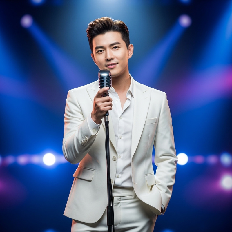 Young Asian Male Pop Singer in White Suit | Confident Pose with Microphone