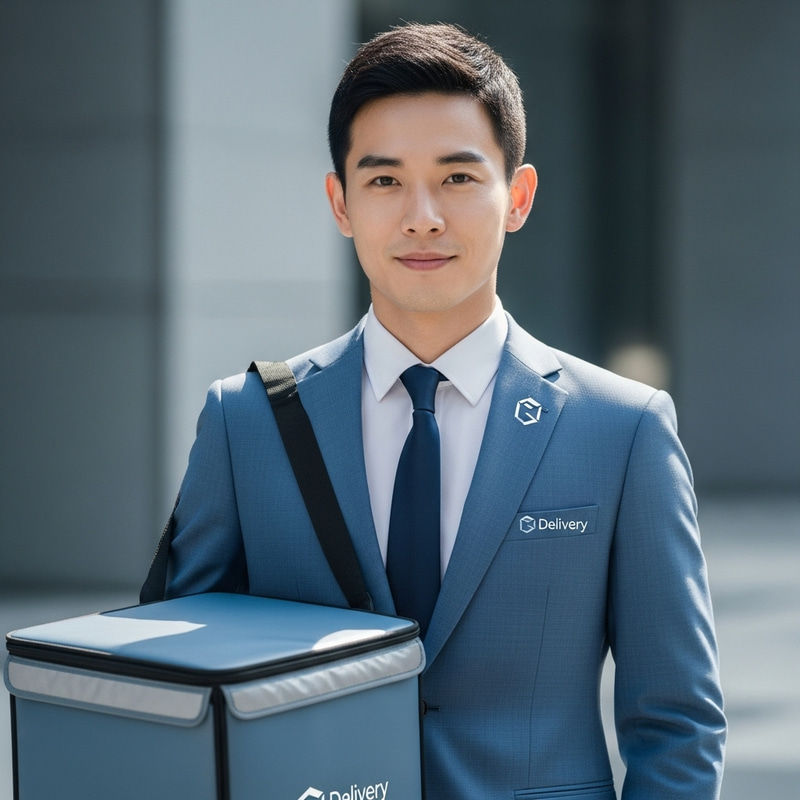 Asian Delivery Man in Stylish Blue Suit Asian Delivery Man in Stylish Blue Suit