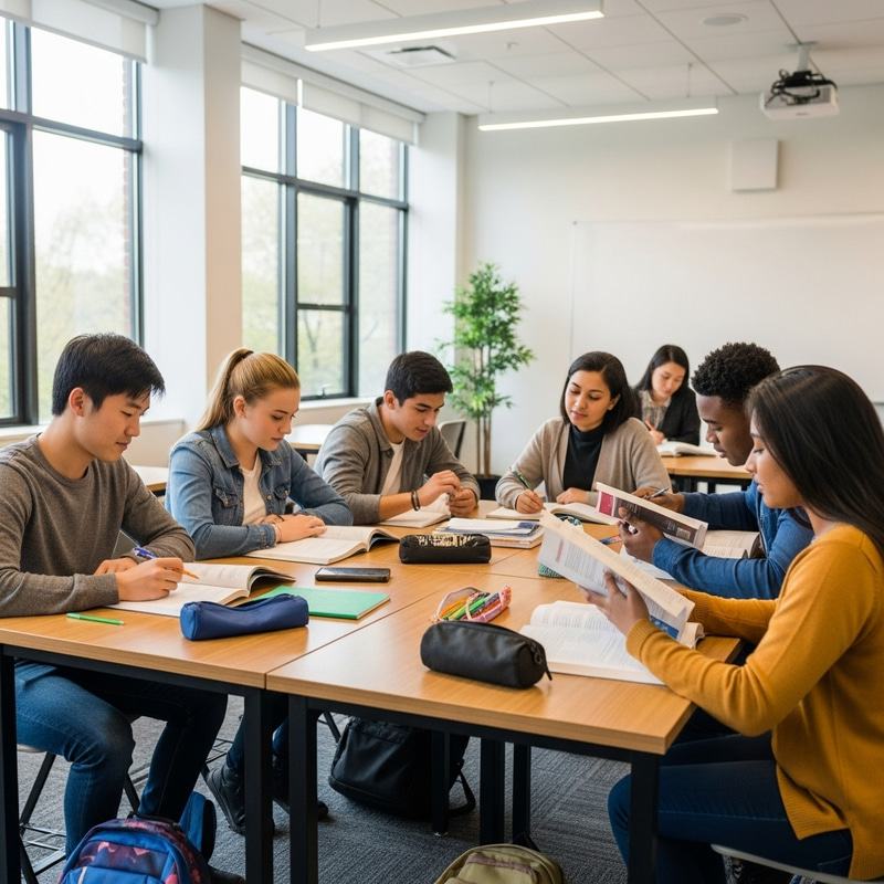 Diverse Group of Students Engaged in Study Session | Modern Classroom Setting Diverse Group of Students Engaged in Study Session | Modern Classroom Setting