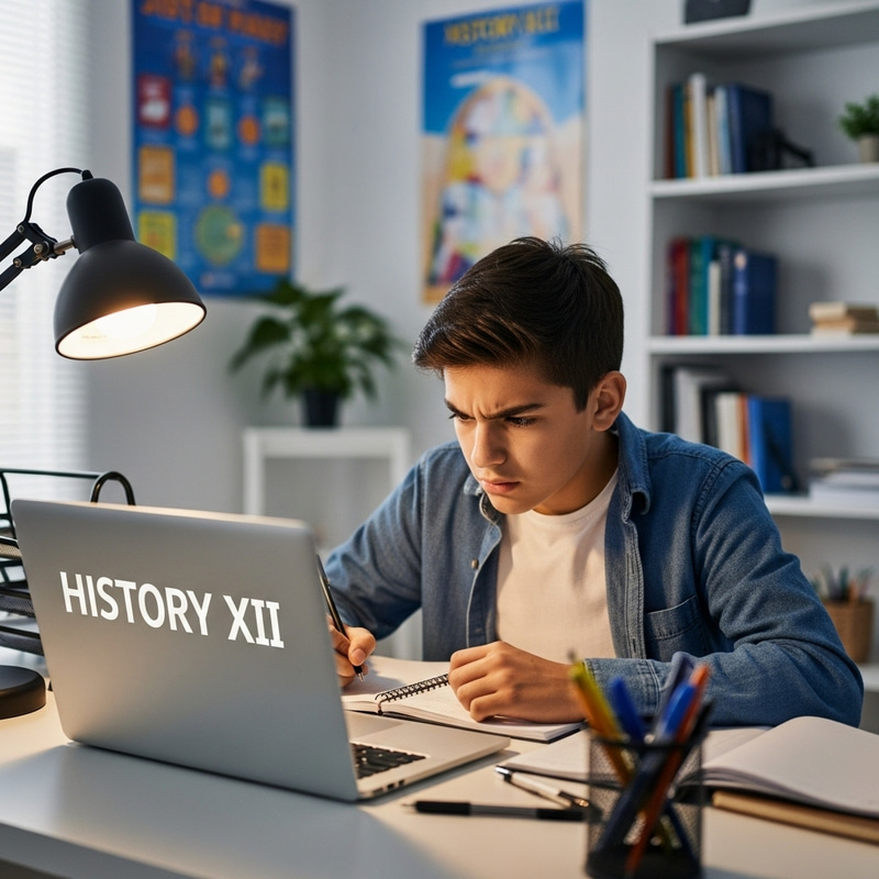 Teenage Boy Studying History XII on Computer Desk Teenage Boy Studying History XII on Computer Desk
