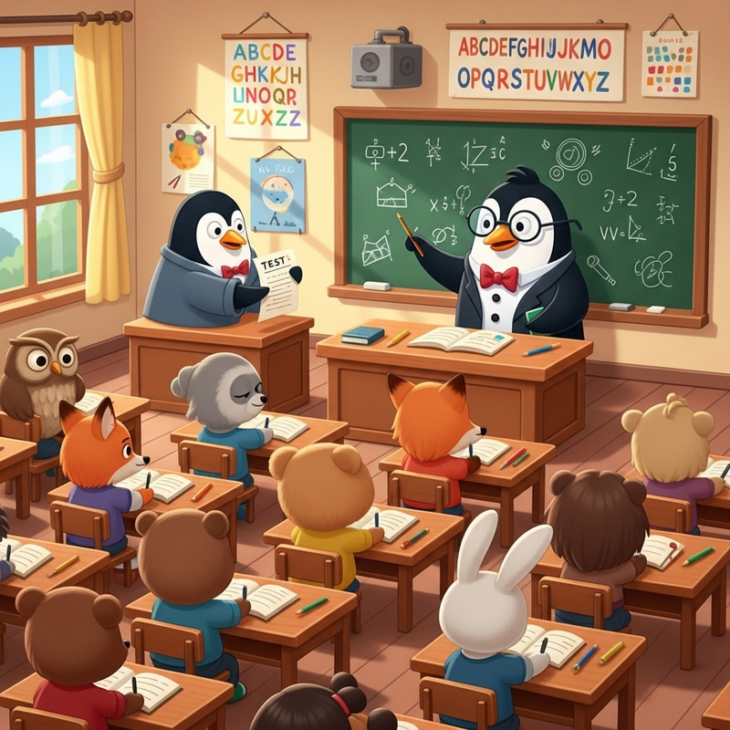 Adorable Cartoon Penguin Teacher Conducting Exams for Diverse Animal Students
