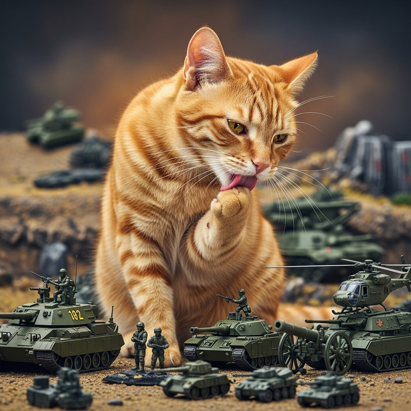 Orange Tabby Cat Grooming Among Miniature Military Objects Orange Tabby Cat Grooming Among Miniature Military Objects