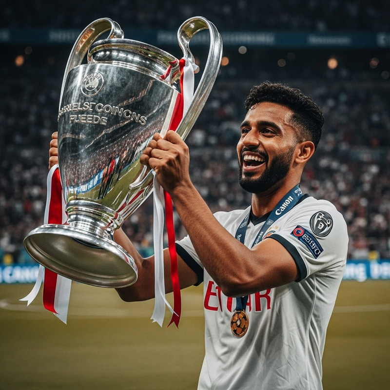 Triumphant Soccer Player with Champions League Trophy