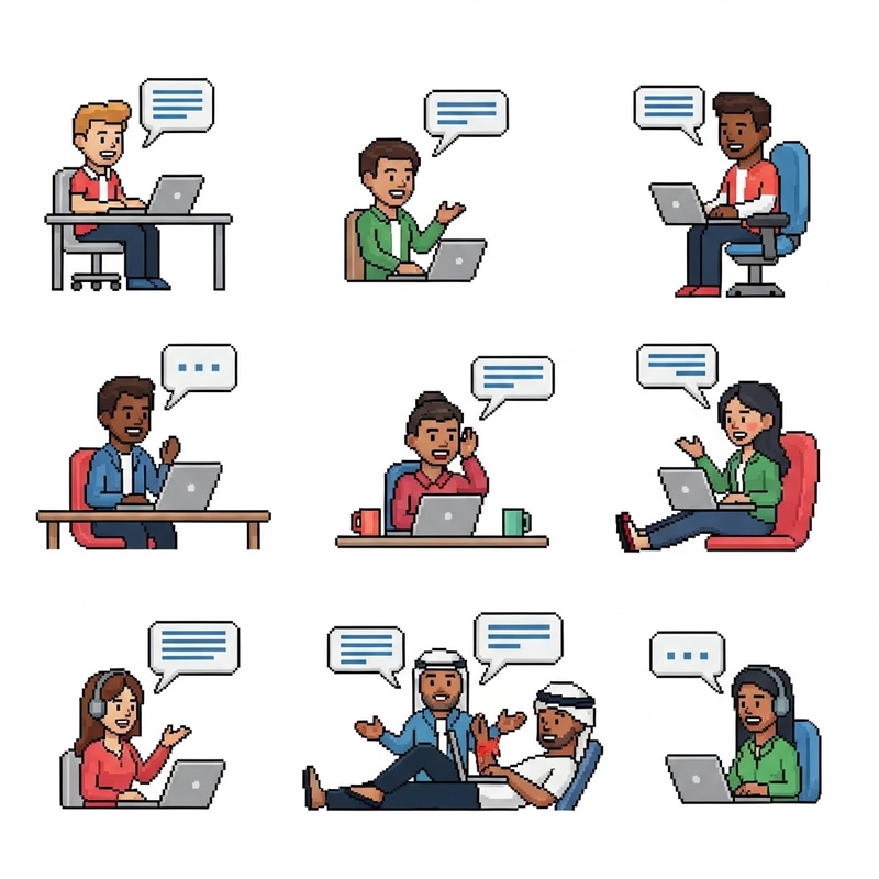 Diverse Pixel Art Characters Communicating Emotions