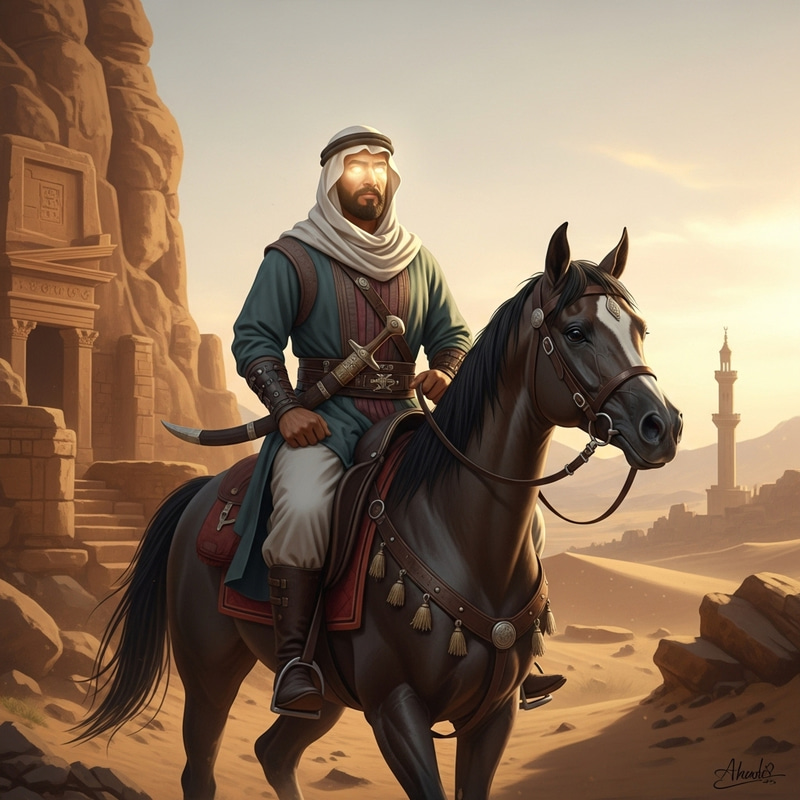 Brave Man on Horseback: Radiant Face in Desert Setting Brave Man on Horseback: Radiant Face in Desert Setting