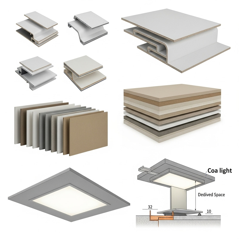 False Ceiling Types, T Grid Edges, Gypsum Boards & Cove Light Cross Section