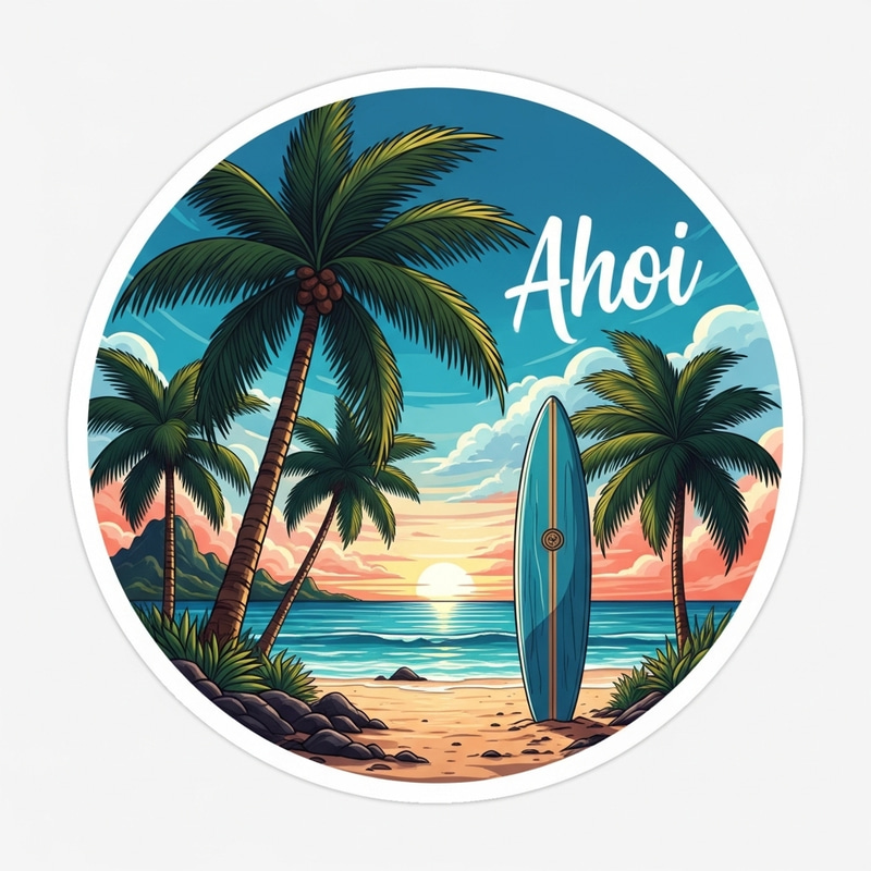 Circular Beach Scene Sticker | Palm Trees & Surfboard Circular Beach Scene Sticker | Palm Trees & Surfboard