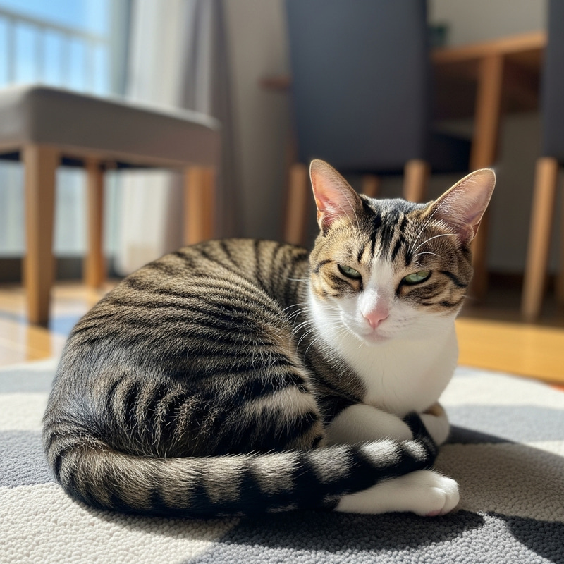 Adorable Tabby Cat Resting Serenely on Soft Rug Adorable Tabby Cat Resting Serenely on Soft Rug