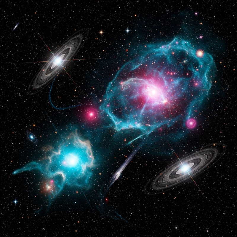 Abstract Space: Shimmering Gas Clouds and Celestial Ballet Abstract Space: Shimmering Gas Clouds and Celestial Ballet