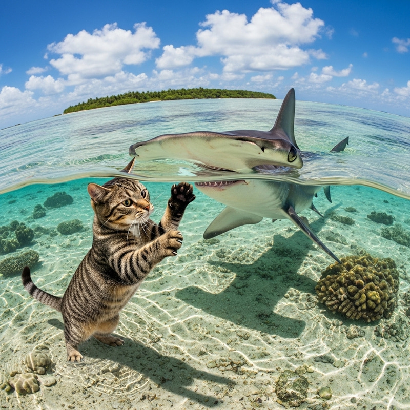 Cat Playfully Interacting with Hammerhead Shark Cat Playfully Interacting with Hammerhead Shark