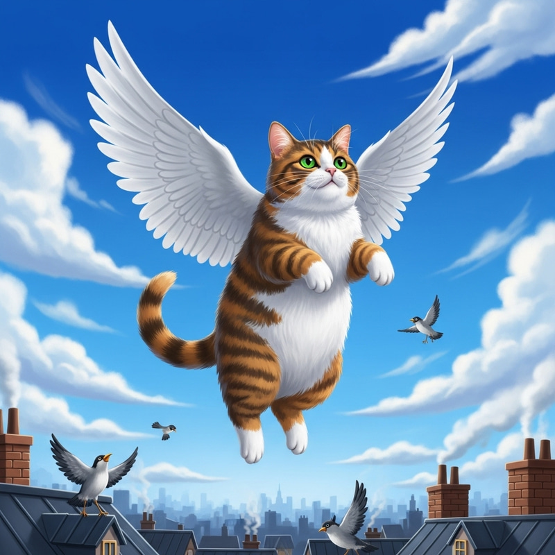 Whimsical Flying Cat Illustration | Magical Scene with Flying Cat Whimsical Flying Cat Illustration | Magical Scene with Flying Cat