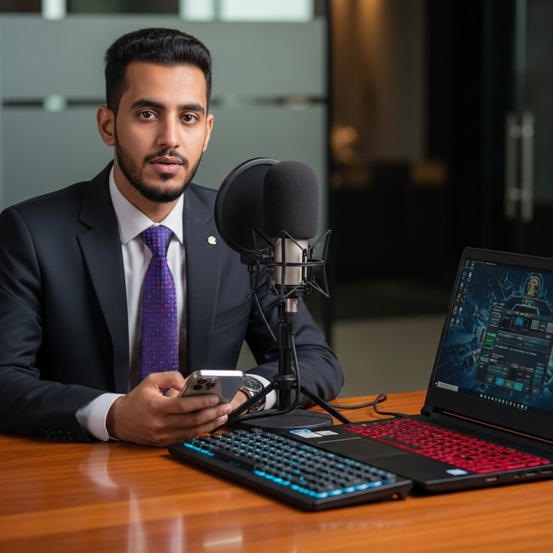 Young Yemeni Man in Formal Suit with Microphone at News Desk Young Yemeni Man in Formal Suit with Microphone at News Desk