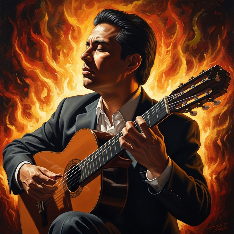 Elegant Portrait of Hispanic Classical Guitarist Amid Dancing Flames Elegant Portrait of Hispanic Classical Guitarist Amid Dancing Flames