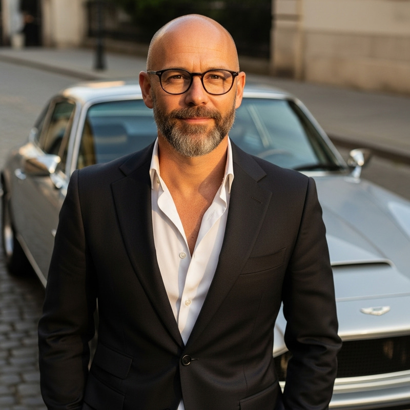 Stylish Bald Man with Glasses Posing by Car | Car Photos