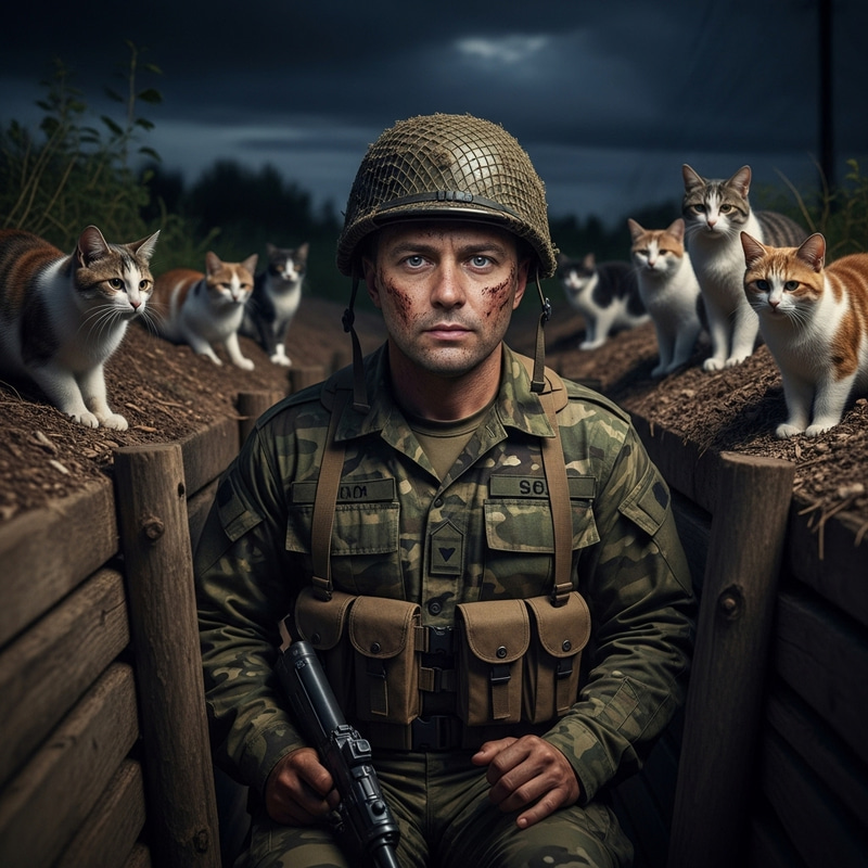 Putin as Assault Soldier in Trench with Cats Putin as Assault Soldier in Trench with Cats