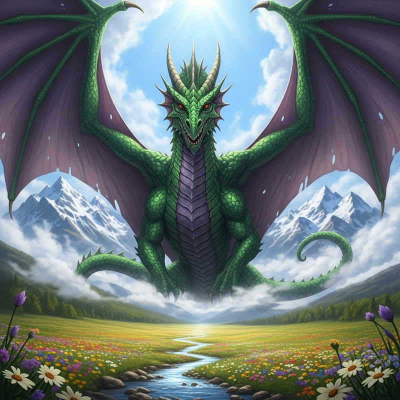 Majestic Dragon in Emerald Green and Eggplant Purple | Mythical Symbol of Strength and Majesty