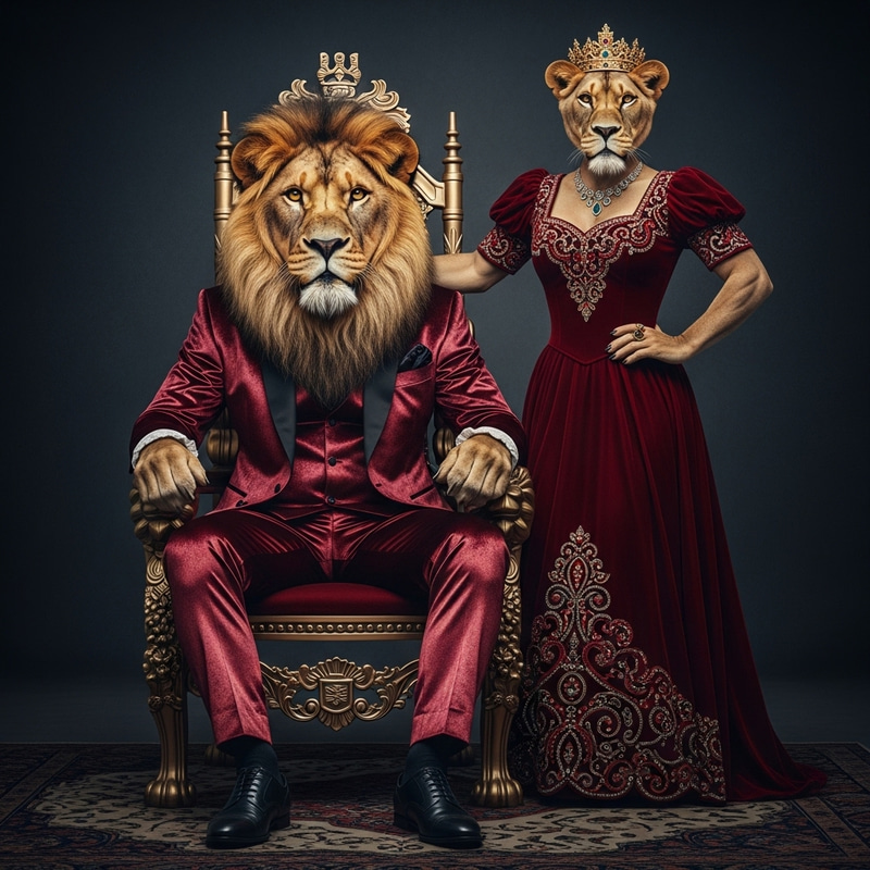 Regal Lion Portrait in Velvet Suit & Elegant Dress Regal Lion Portrait in Velvet Suit & Elegant Dress