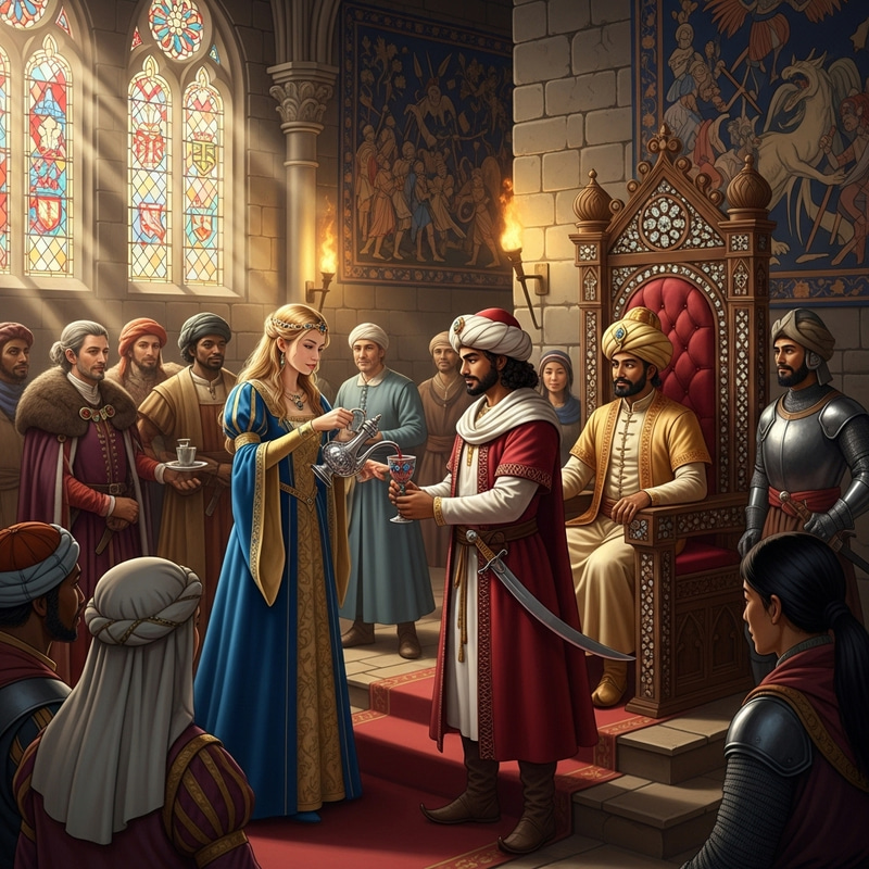 Medieval Palace Princess Pouring Wine for Middle-Eastern Prince Medieval Palace Princess Pouring Wine for Middle-Eastern Prince