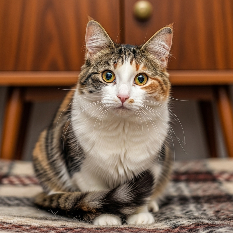 Fluffy Cat with Amber Eyes - Tri-Colored Fur Pattern