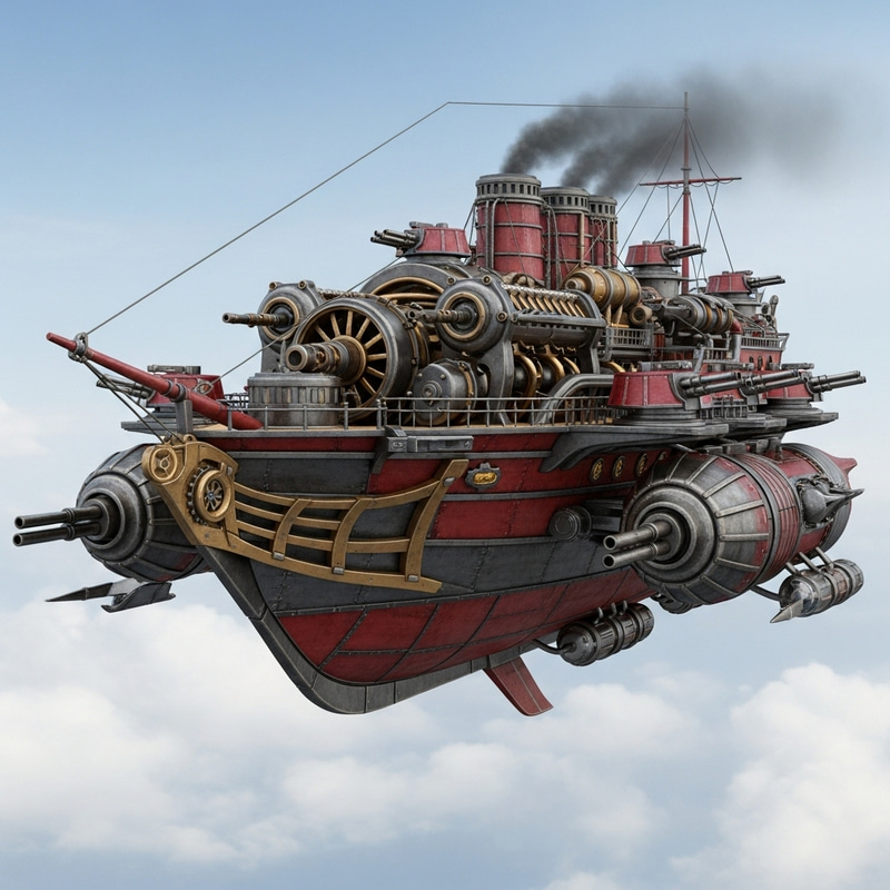 Flying Steampunk Ship with Intricate Engine and Side Guns Flying Steampunk Ship with Intricate Engine and Side Guns