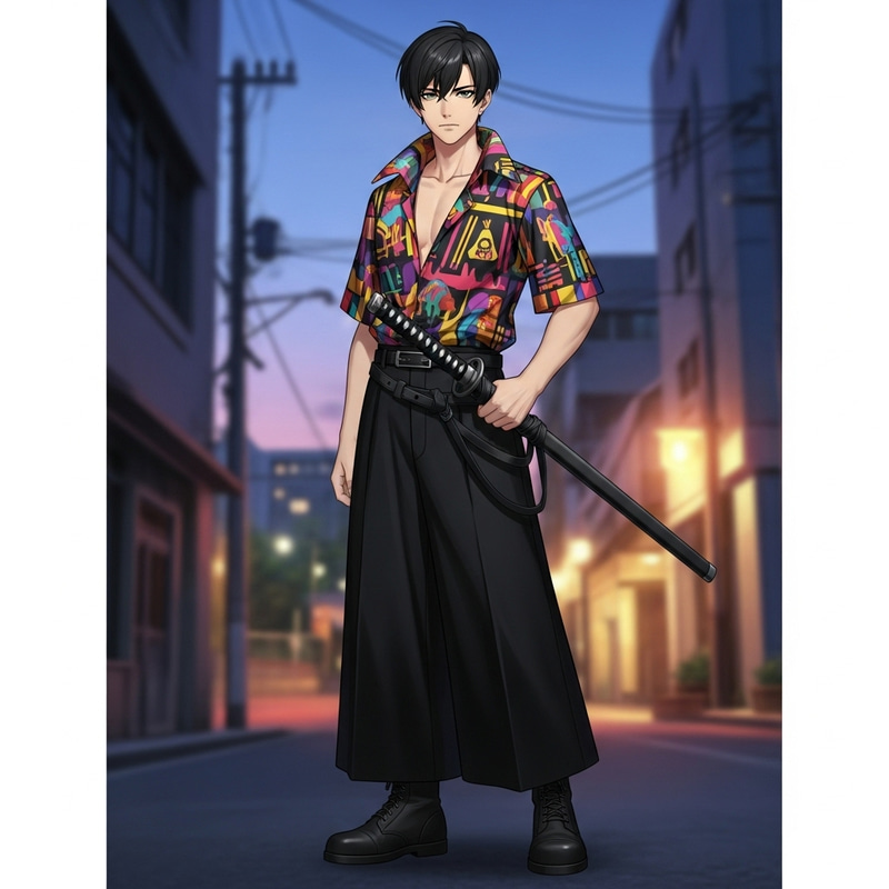 Stylish Young Man with Green Eyes and Katana - Trendy Look Stylish Young Man with Green Eyes and Katana - Trendy Look