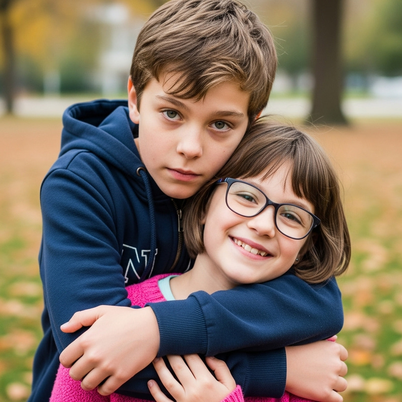 Serious Boy with Light Brown Hair Embracing Smiling Girl with Short Brown Hair and Glasses | Heartwarming Moment Serious Boy with Light Brown Hair Embracing Smiling Girl with Short Brown Hair and Glasses | Heartwarming Moment