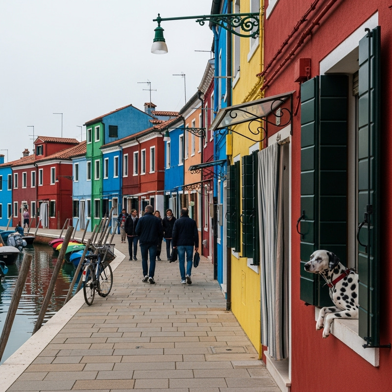 Vibrant Burano Italy Scene with Dalmatian and Canal Life Vibrant Burano Italy Scene with Dalmatian and Canal Life