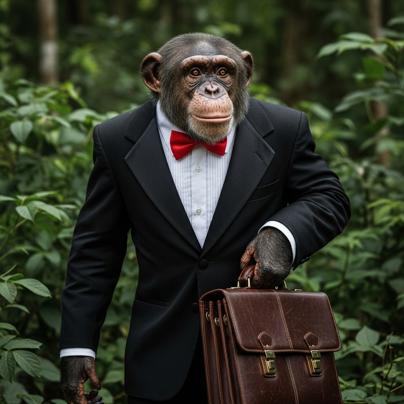 Chimpanzee in Tuxedo with Briefcase