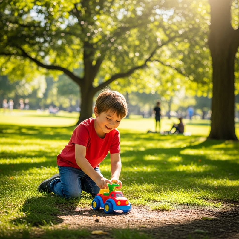 Happy Boy Playing with Toy Car Outdoors Happy Boy Playing with Toy Car Outdoors