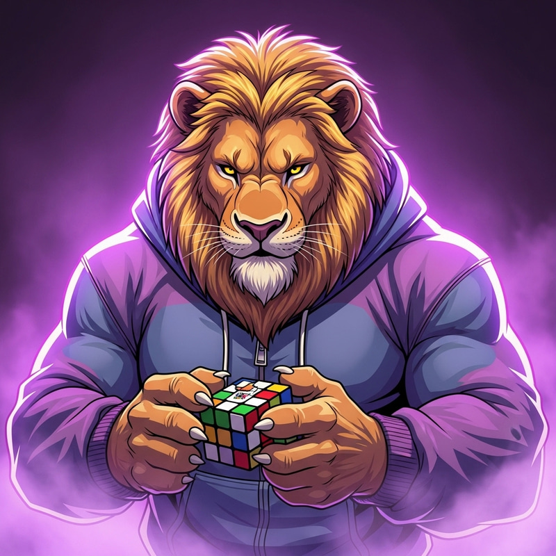 Lion in Purple Hoodie Solving Neon Rubik's Cube Lion in Purple Hoodie Solving Neon Rubik's Cube