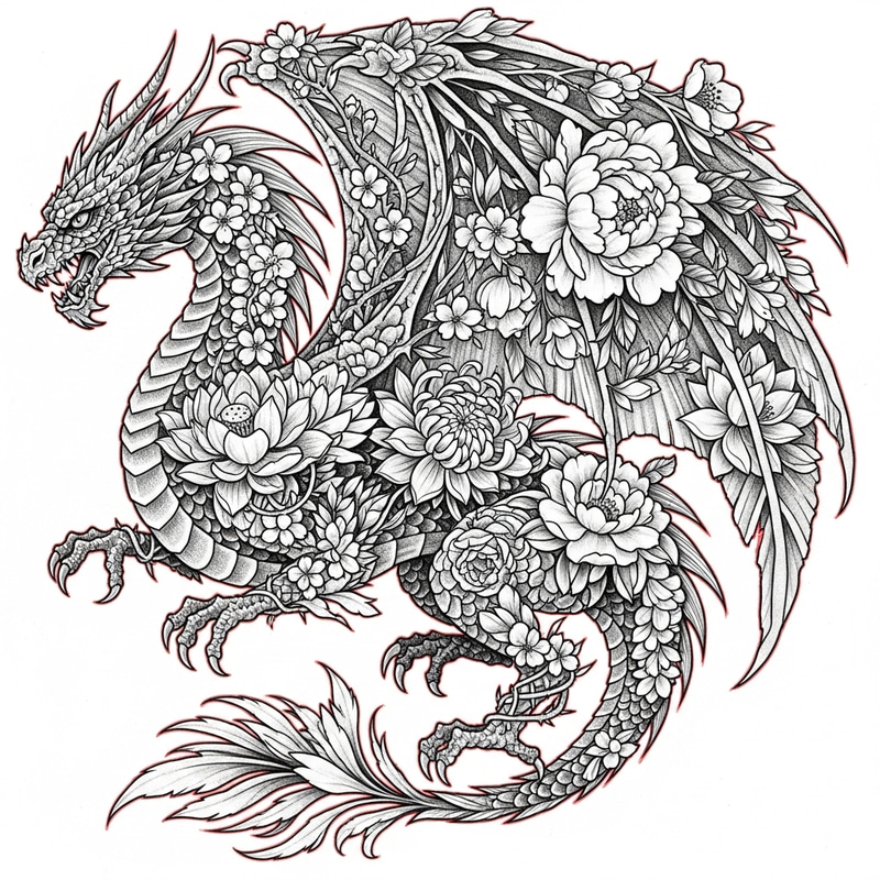 Dragon Flower Tattoo Design: Stunning Fantasy Ink Art Dragon Flower Tattoo Design: Stunning Fantasy Ink Art