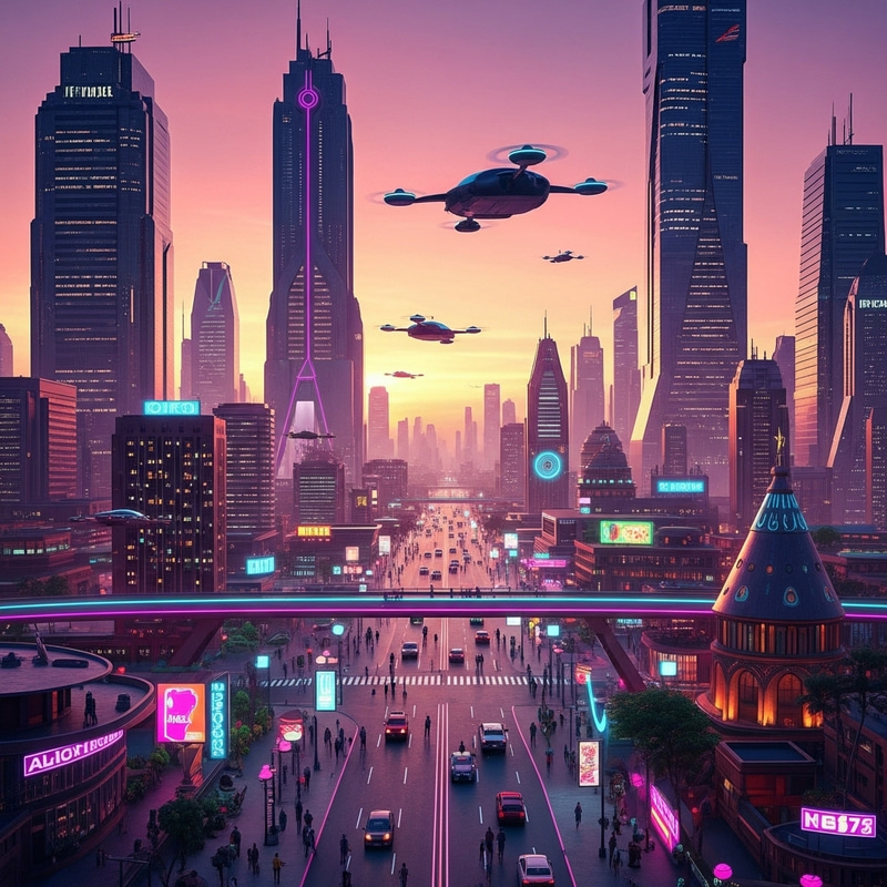 African Futuristic Cityscape at Sunset - Neon Lights & Flying Cars