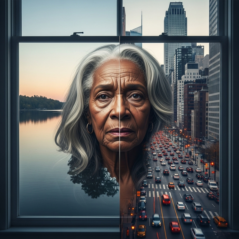 Elderly African American Woman Reflecting on Tranquil vs. Urban Life