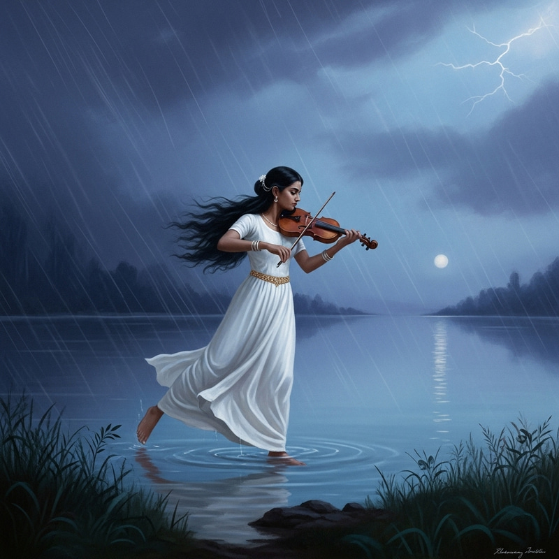 Ethereal Woman Playing Violin on Serene Lake at Twilight Ethereal Woman Playing Violin on Serene Lake at Twilight