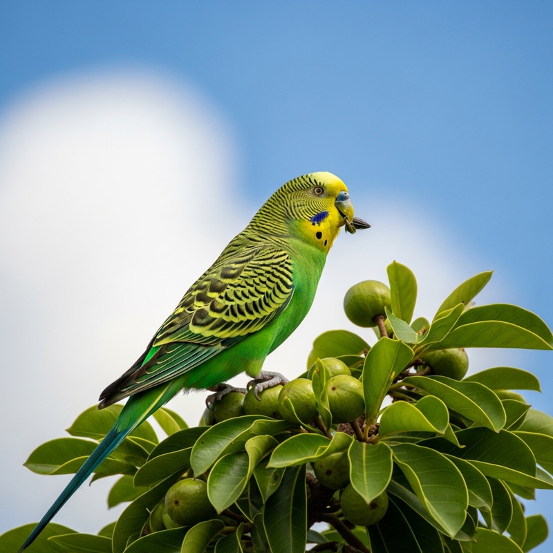 Colorful Parakeet on Lush Tropical Tree - Enchanting Scene Colorful Parakeet on Lush Tropical Tree - Enchanting Scene