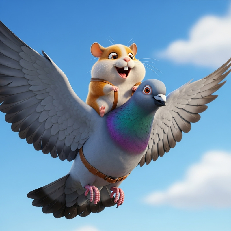Hamster and Pigeon Cartoon: Joyful Flying Scene