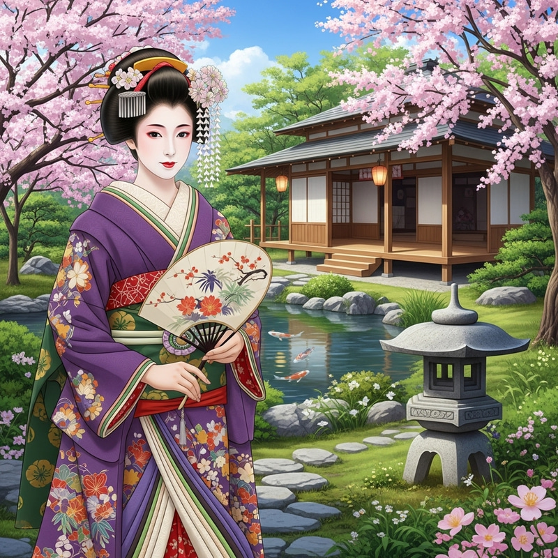 Traditional Geisha in Vibrant Kimono | Japanese Scene Traditional Geisha in Vibrant Kimono | Japanese Scene