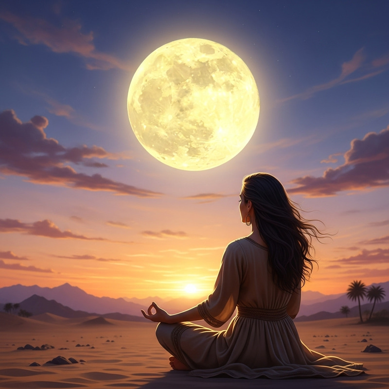 Serene Sunset with Bright Yellow Moon: Tranquil Meditation Connection