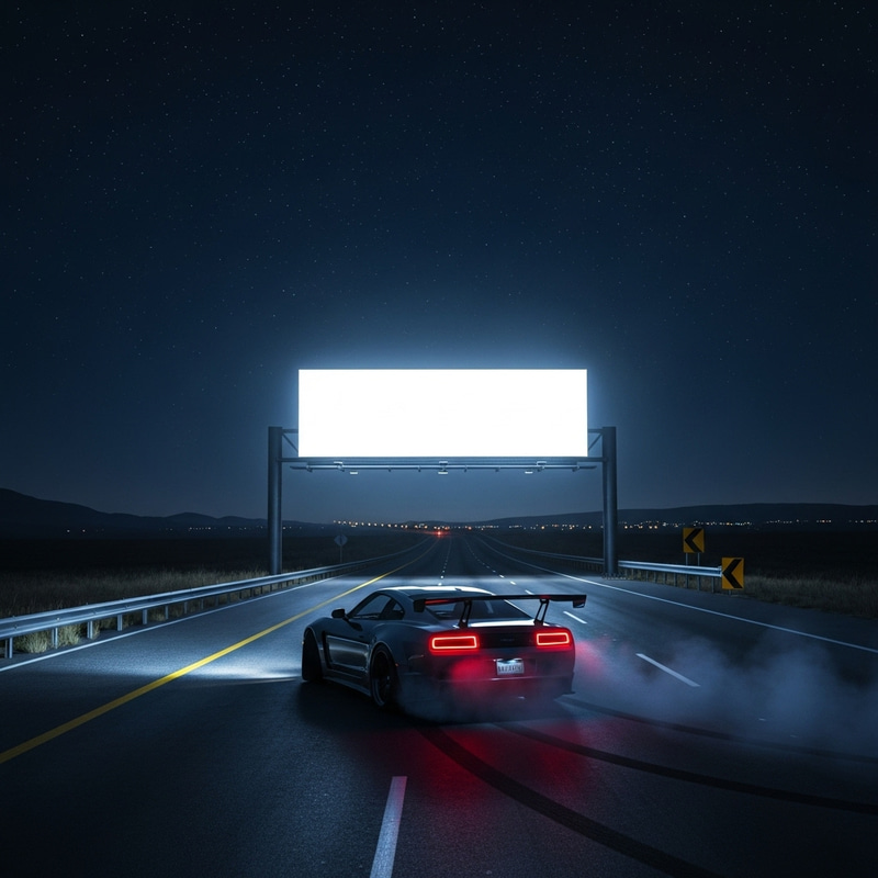 One-Way Highway Night Drift: Lone Sports Car And Empty Billboard One-Way Highway Night Drift: Lone Sports Car And Empty Billboard