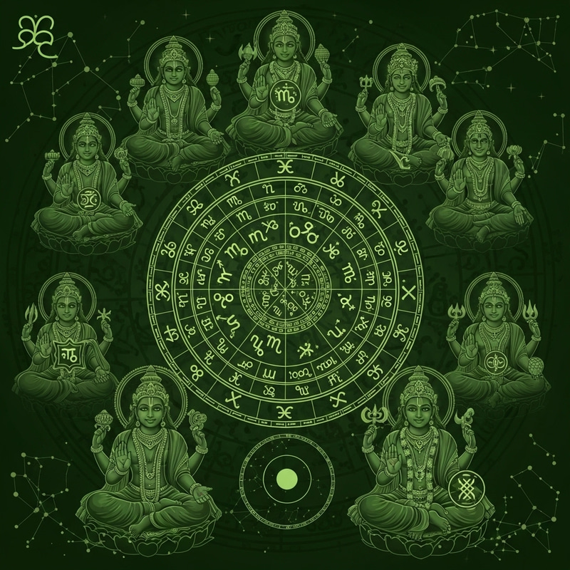 Ancient Hindu Astrology Image with Divine Deities in Bottle Green Ancient Hindu Astrology Image with Divine Deities in Bottle Green